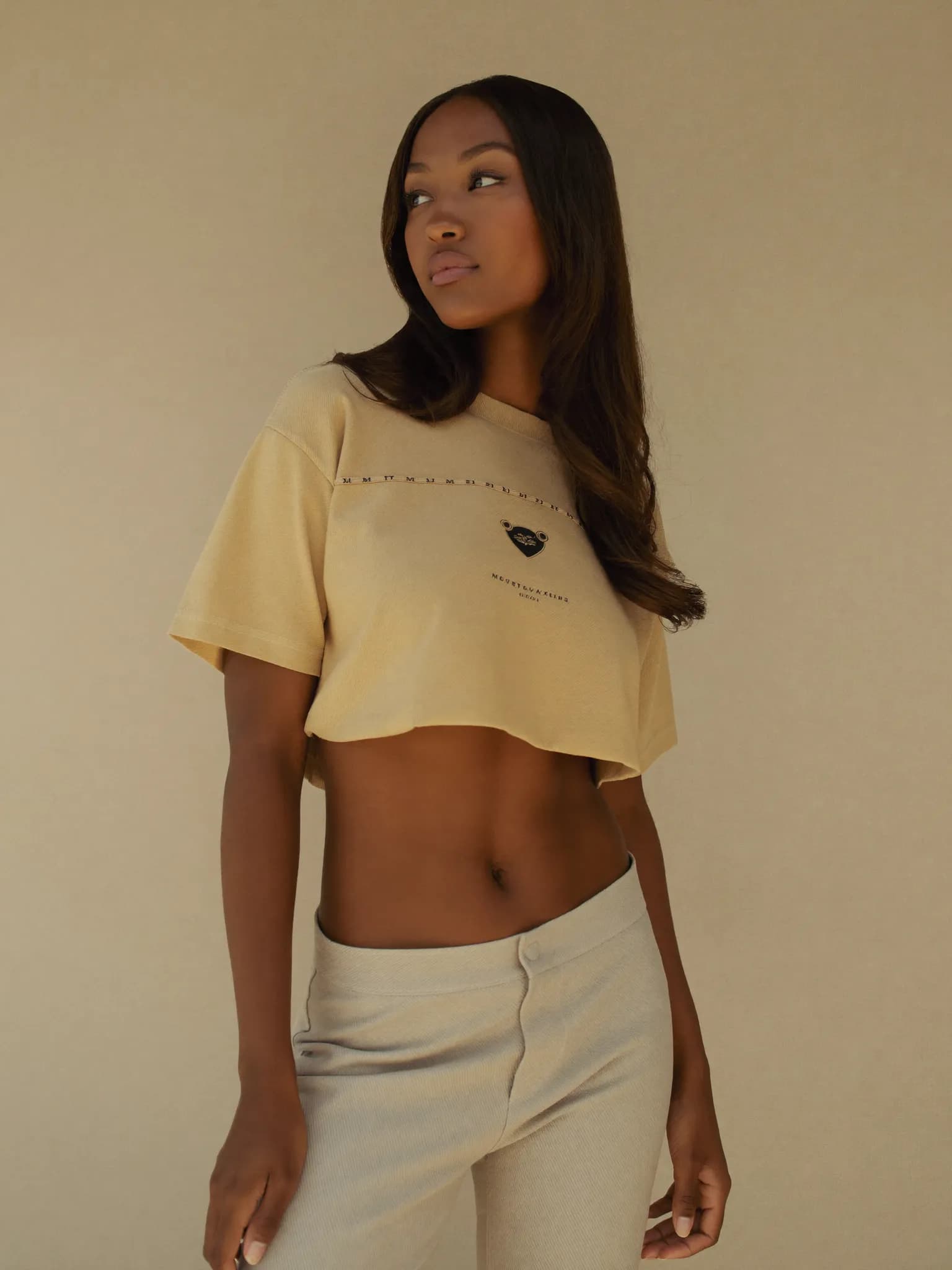 Model wearing the Sand Boxy Cropped Tee.