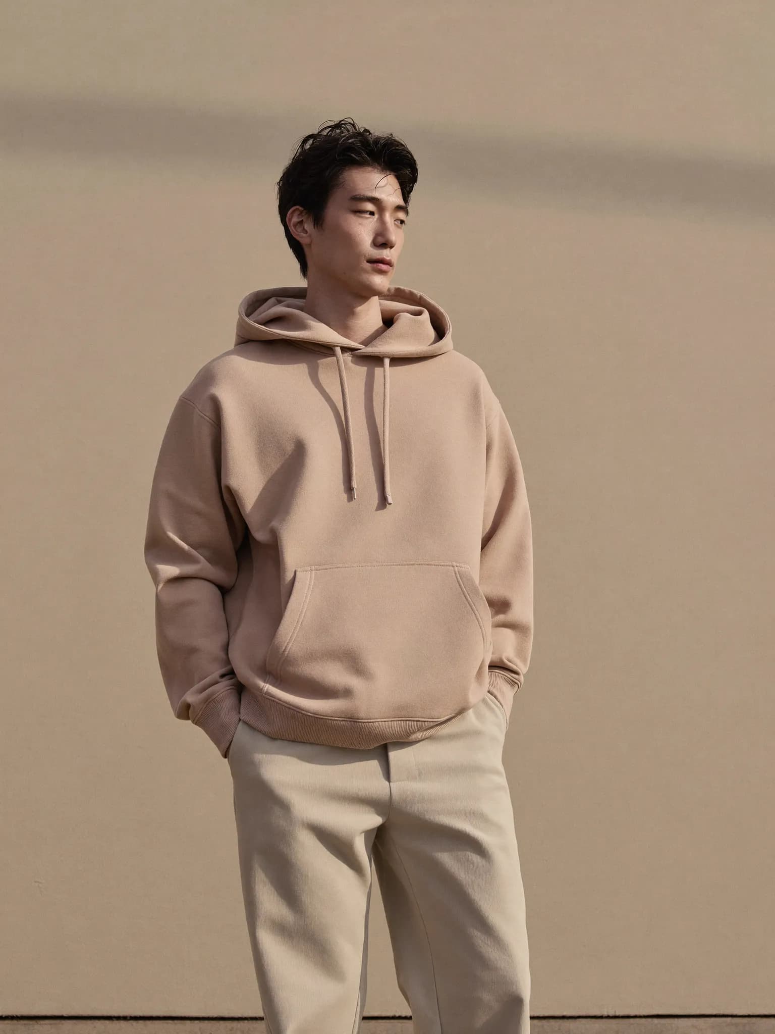 Model wearing the Bone Heavyweight Pullover Hoodie.