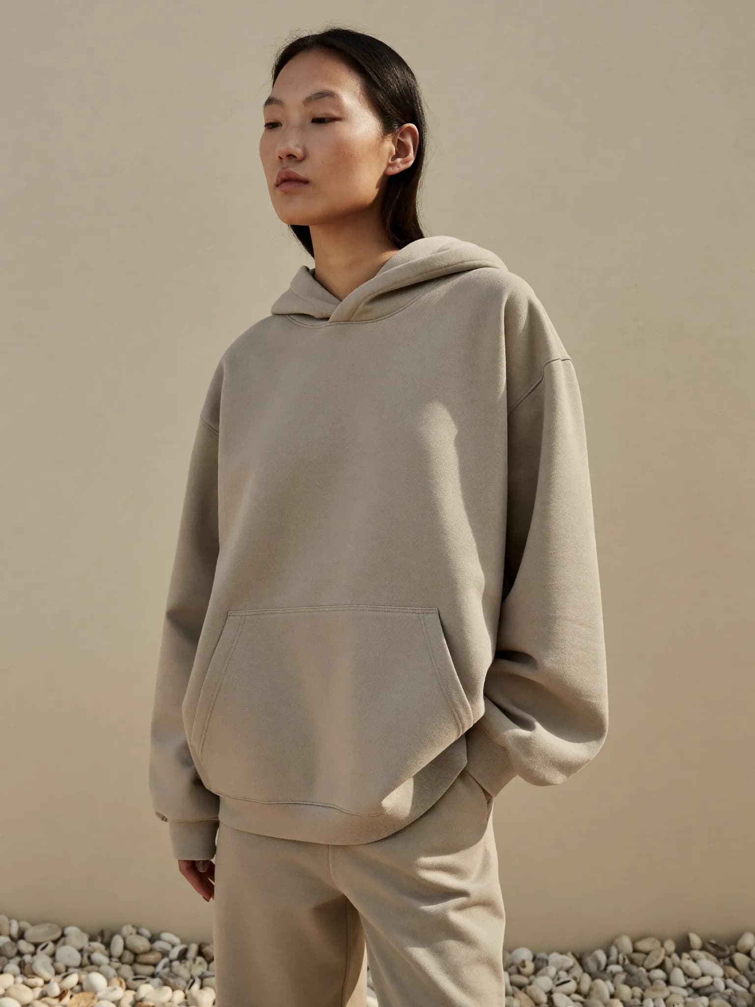 Model wearing the Bone Heavyweight Pullover Hoodie.